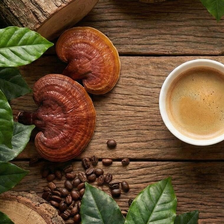 Dos Ganoderma lucidum sobre madera, junto a granos de café y hojas